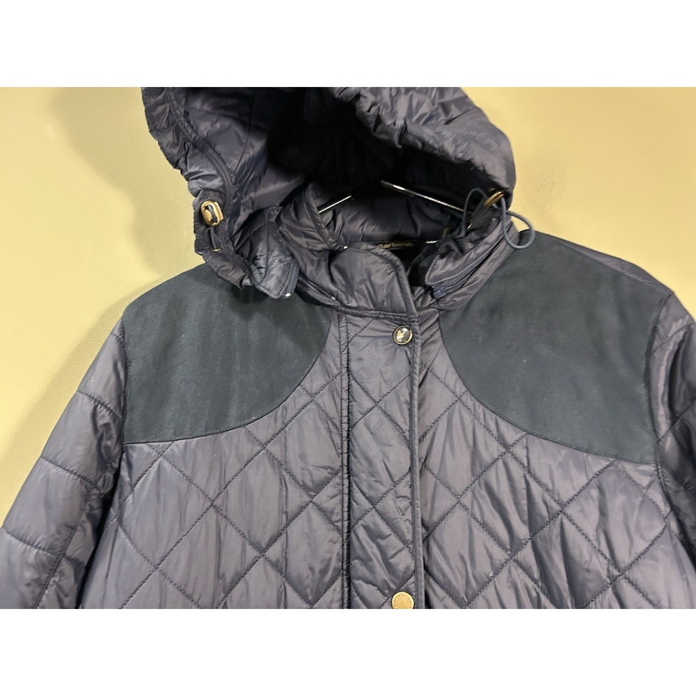 Barbour Greenfinch Midi Jacket Womens Sz 12 Navy Blue Hooded Shoulder Patches - Picture 4 of 14